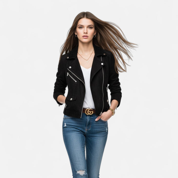 Women's zip-front jacket, slim cut, classic lapel detail, convenient pockets, versatile outerwear.