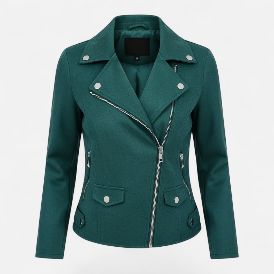 Sleek women's slim lapel zip jacket with pockets, a timeless fashion staple for modern style.
