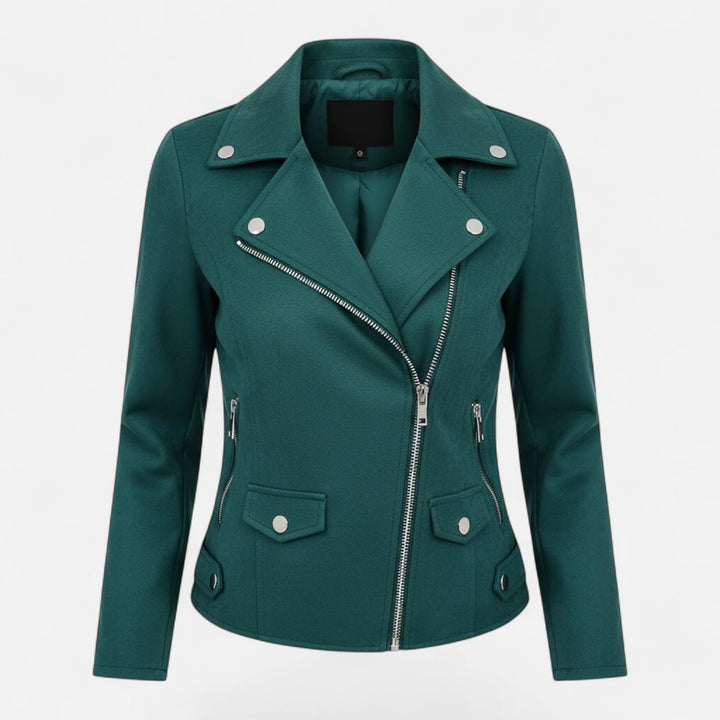 Sleek women's slim lapel zip jacket with pockets, a timeless fashion staple for modern style.