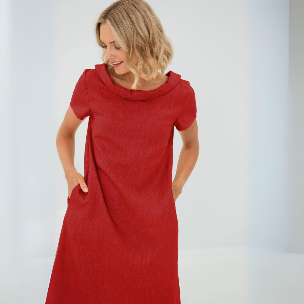 Chic women's short sleeve flowy linen summer dress, a versatile casual and elegant sundress.