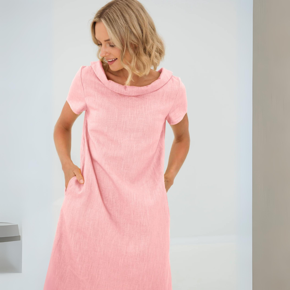 Sofia Linen Summer Dress: flowy, short sleeve, with pockets, perfect for women's style.