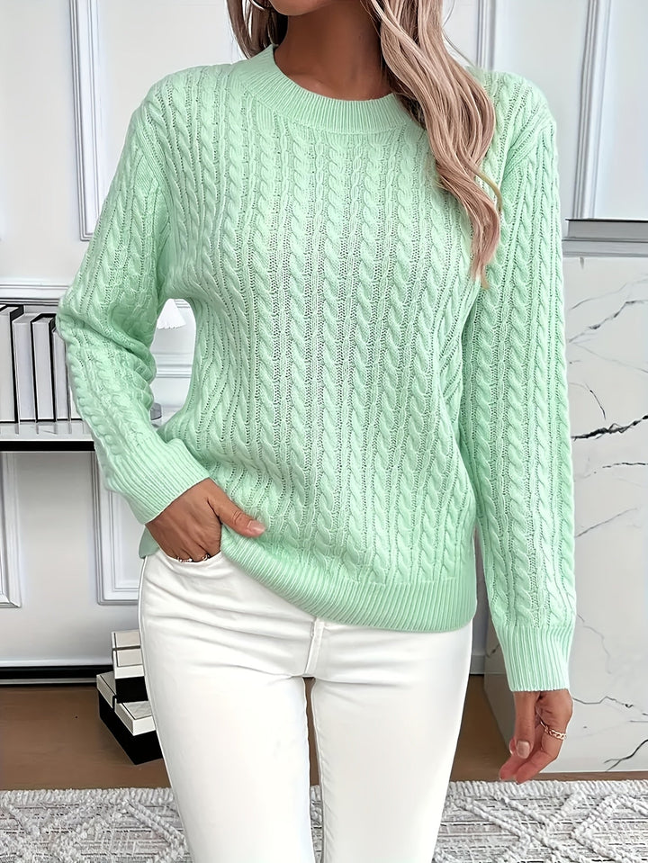 Women's soft cable knit sweater, round neck, long sleeve, perfect for cozy spring and autumn fashion.