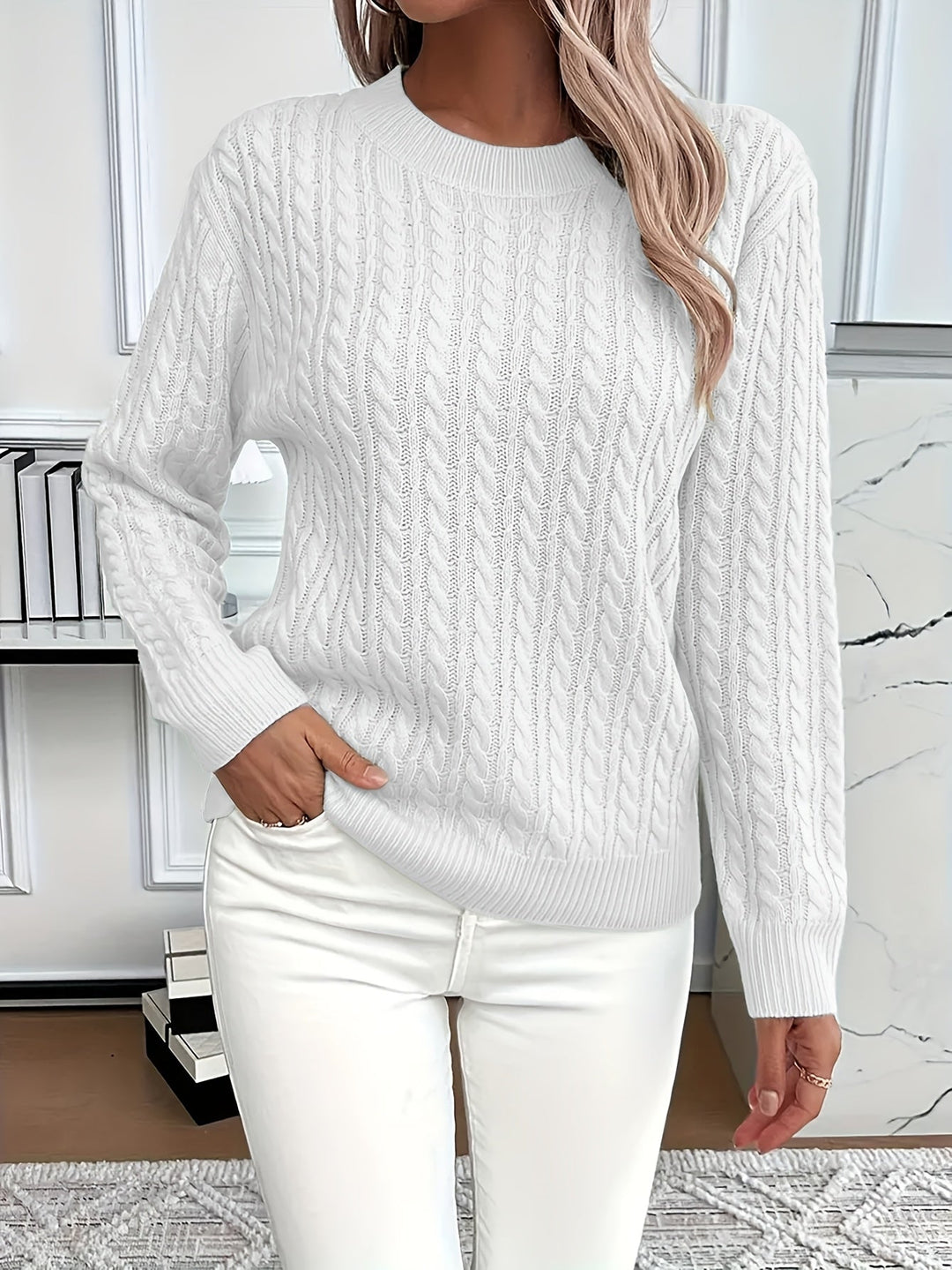 Elegant women's long sleeve cable knit sweater, round neck, versatile for casual spring & autumn fashion.
