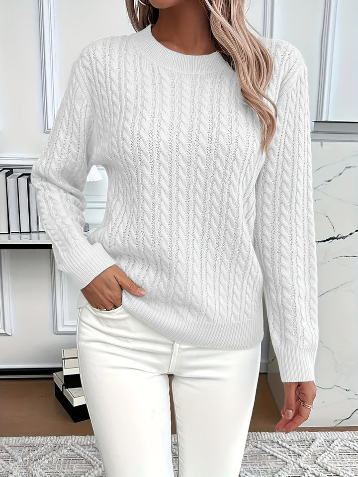 Elegant women's long sleeve cable knit sweater, round neck, versatile for casual spring & autumn fashion.