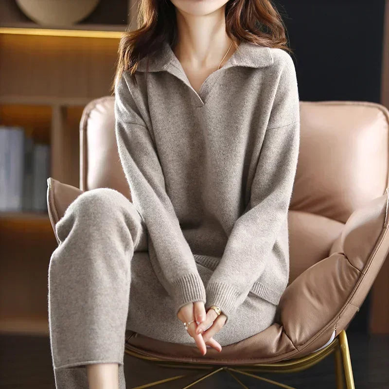 Premium cashmere two-piece set for women, offering soft comfort & elegant apparel.