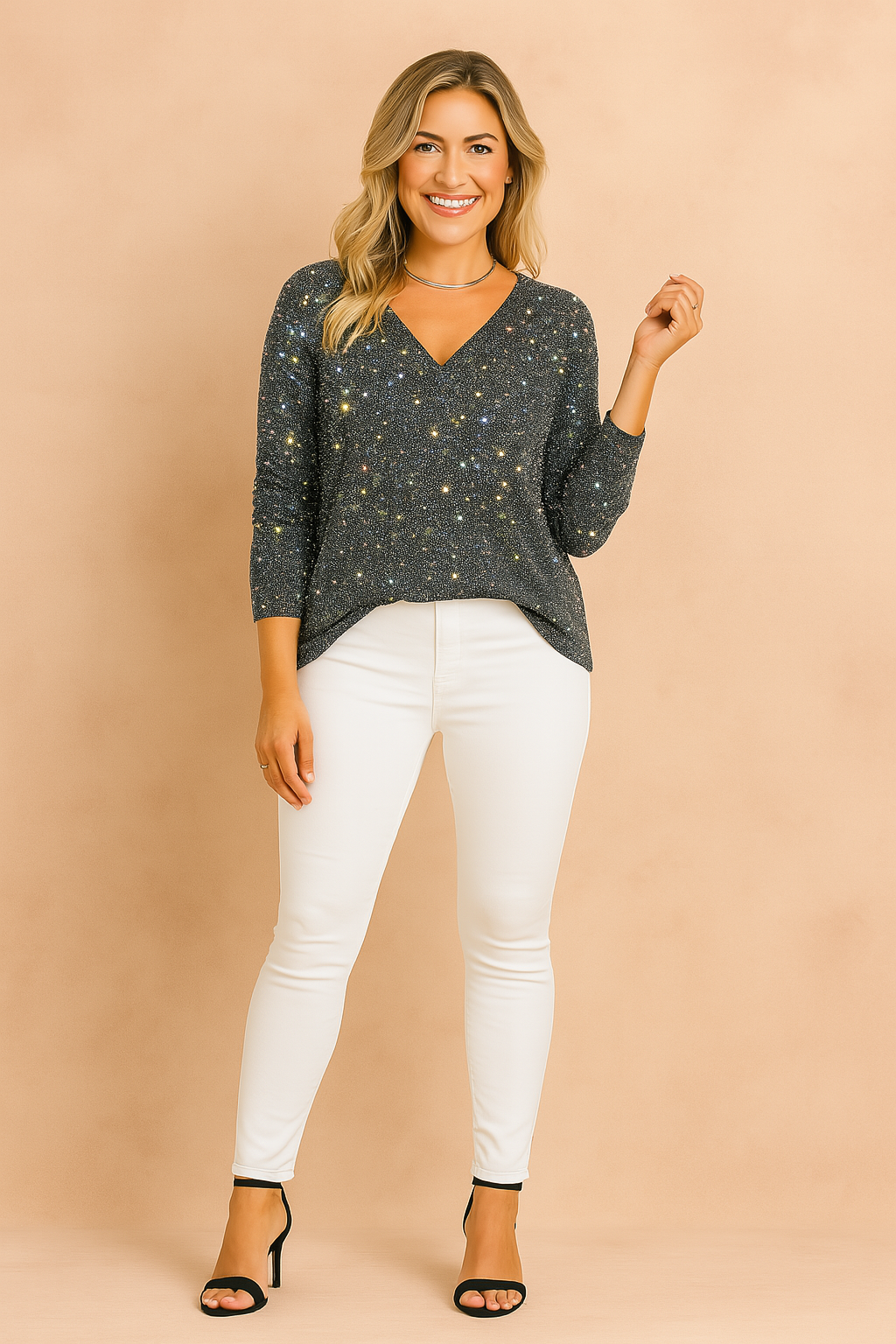 Chic women's V-neck sequin blouse with long sleeves. Shimmering party top for a glamorous evening look.