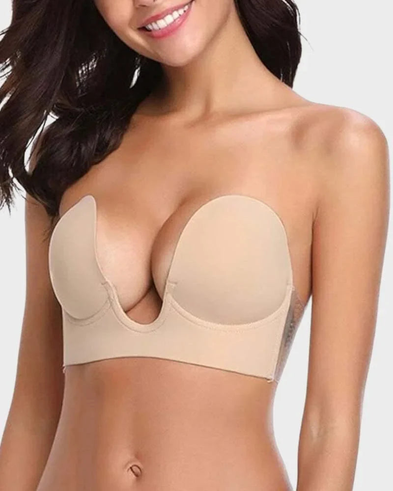 Comfortable self-adhesive strapless backless bra, providing breast lift & deep plunge for women's intimate wear.