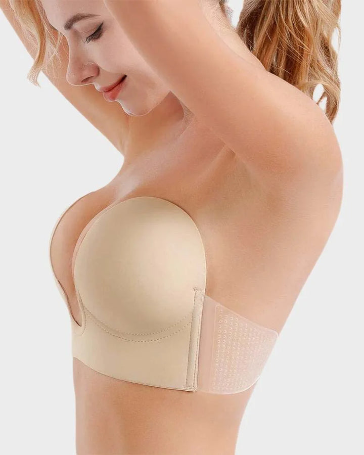 Seamless push-up strapless backless bra for women, offering excellent breast lift & deep plunge for various outfits.