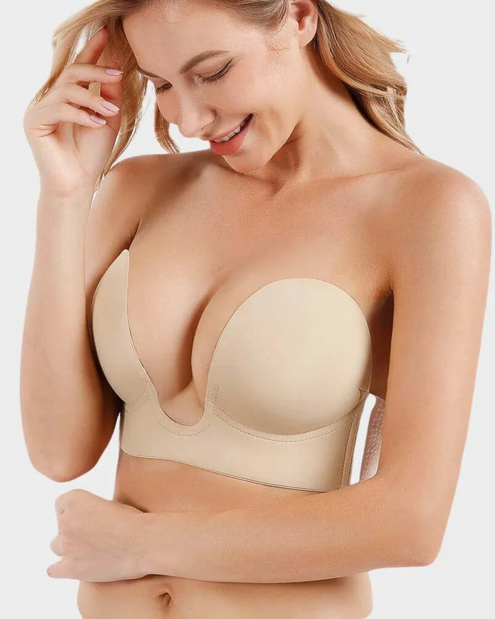 Women's invisible strapless backless bra with self-adhesive cups, perfect for deep plunge necklines & smooth finish.