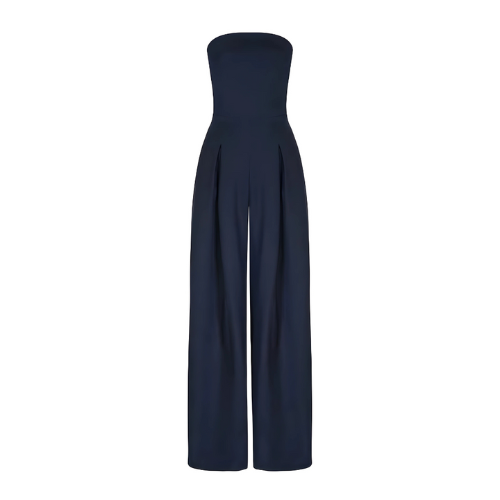 Elegant women's strapless wide leg jumpsuit. Chic party or dressy casual wear with convenient pockets.