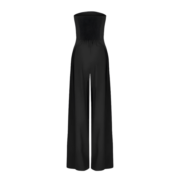 Versatile women's strapless wide leg jumpsuit for party or casual wear. Stylish, comfortable, with pockets.