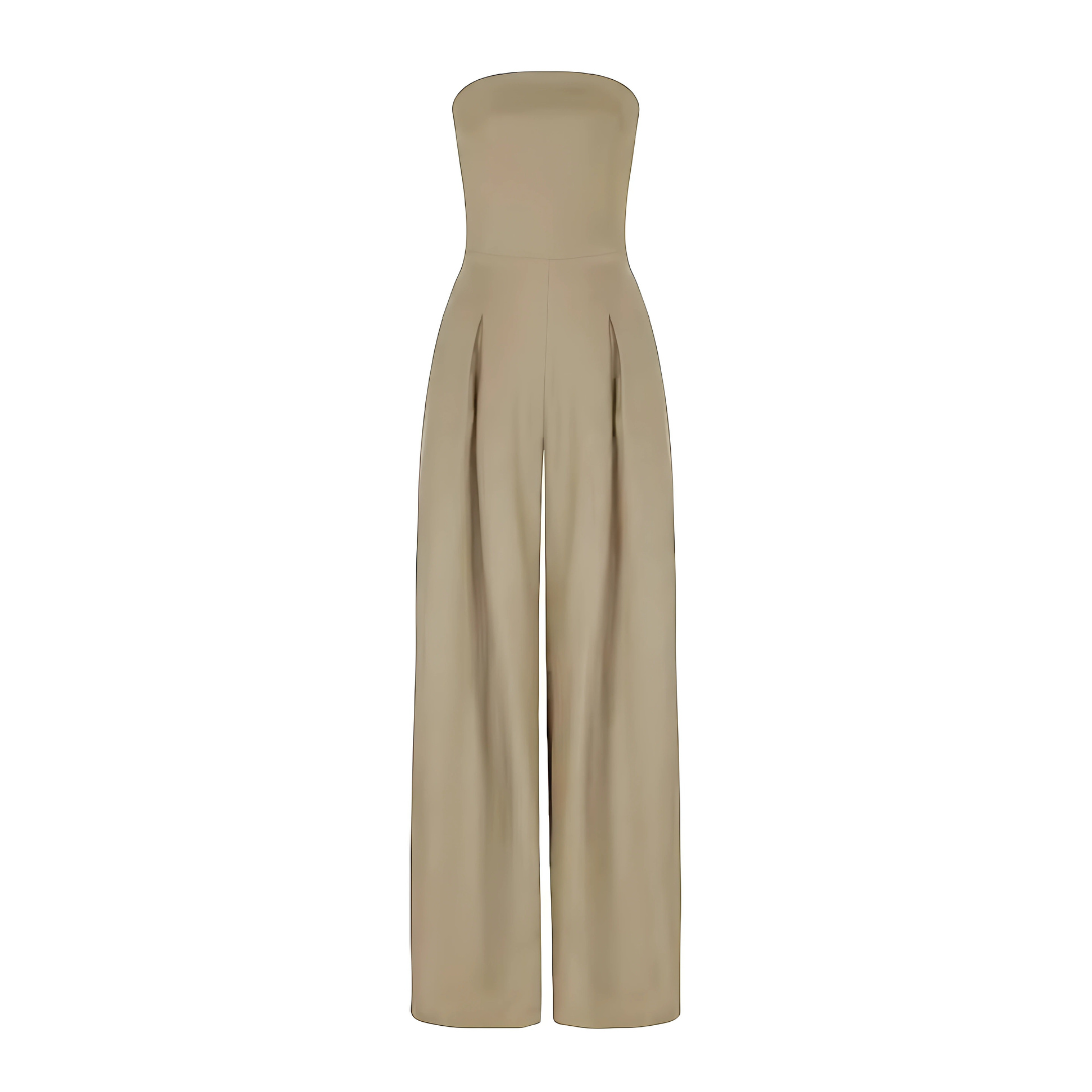 Women's strapless wide leg jumpsuit with pockets. High-waisted, comfortable, perfect for elegant summer style.