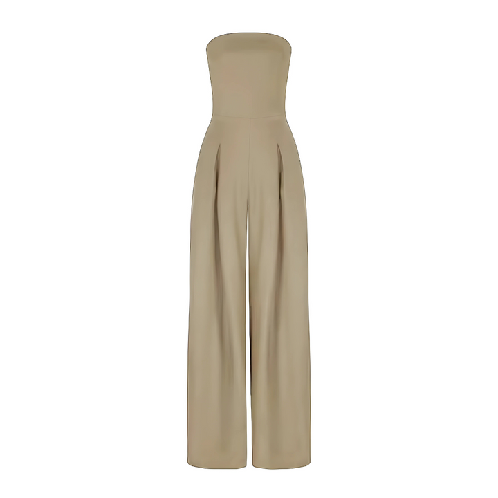 Women's strapless wide leg jumpsuit with pockets. High-waisted, comfortable, perfect for elegant summer style.