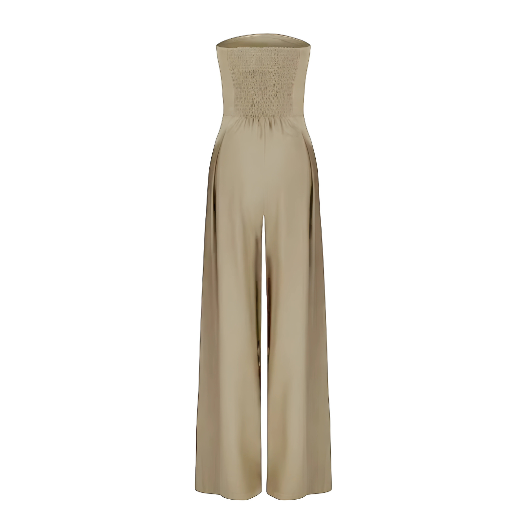 Stylish women's strapless wide leg jumpsuit with pockets, ideal for a chic, comfortable summer party look.