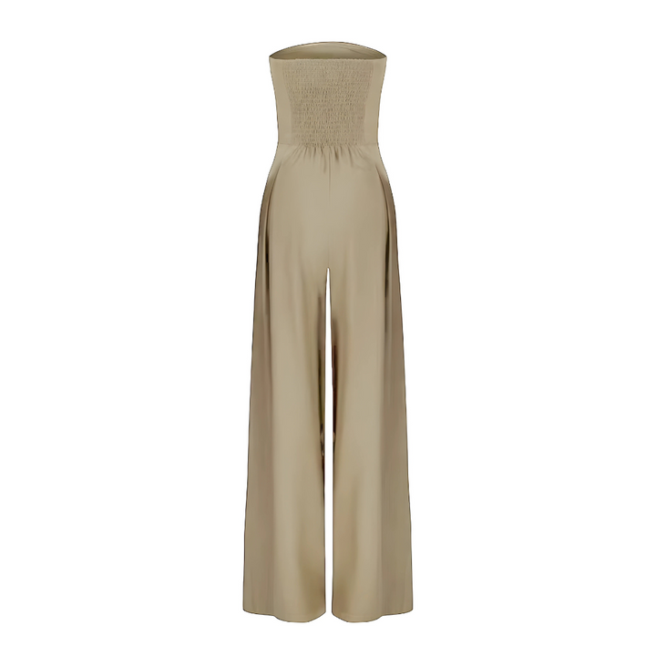 Stylish women's strapless wide leg jumpsuit with pockets, ideal for a chic, comfortable summer party look.