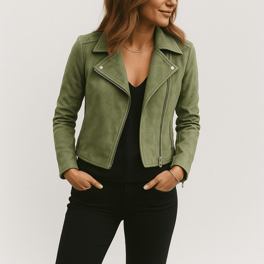 Women's stylish black moto biker jacket. Zip-up edge, perfect for edgy spring & autumn fashion.