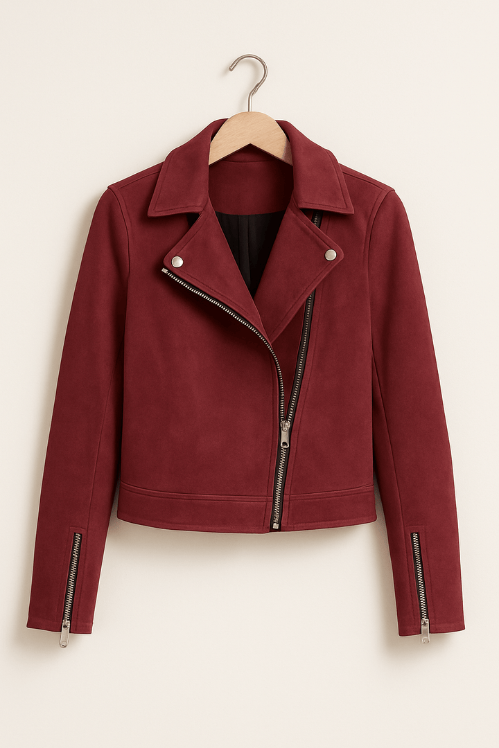 Stylish women's zip-up moto biker jacket. Edgy design, great for spring, autumn & modern casual wear.