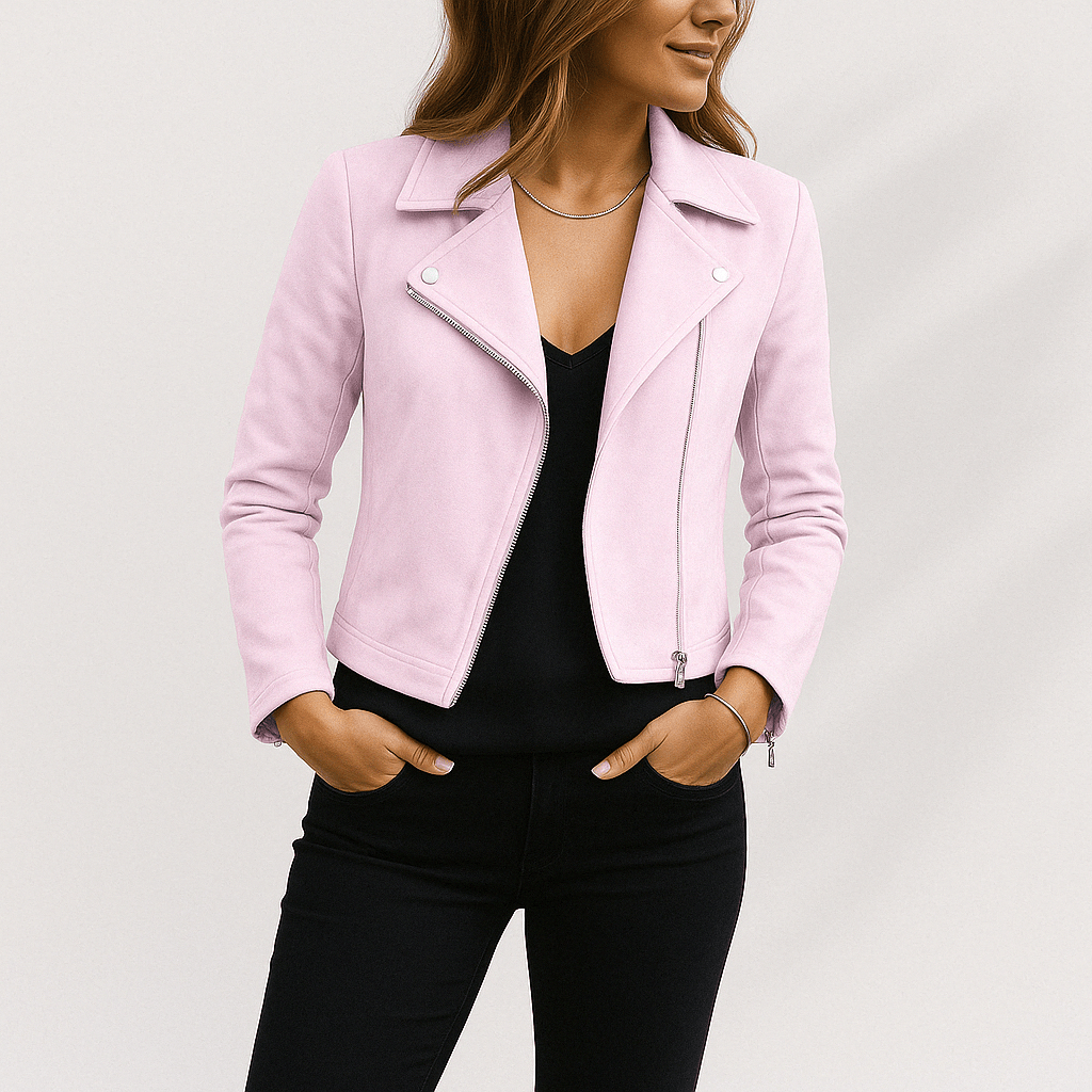 Edgy women's cropped biker jacket. Modern zip-up design, ideal for casual, transitional spring fashion.