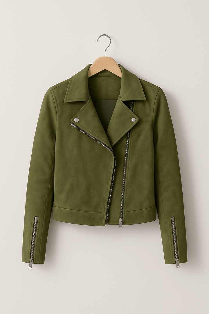 Cropped women's faux leather biker jacket. Zip-up design, modern casual layering for an edgy style.