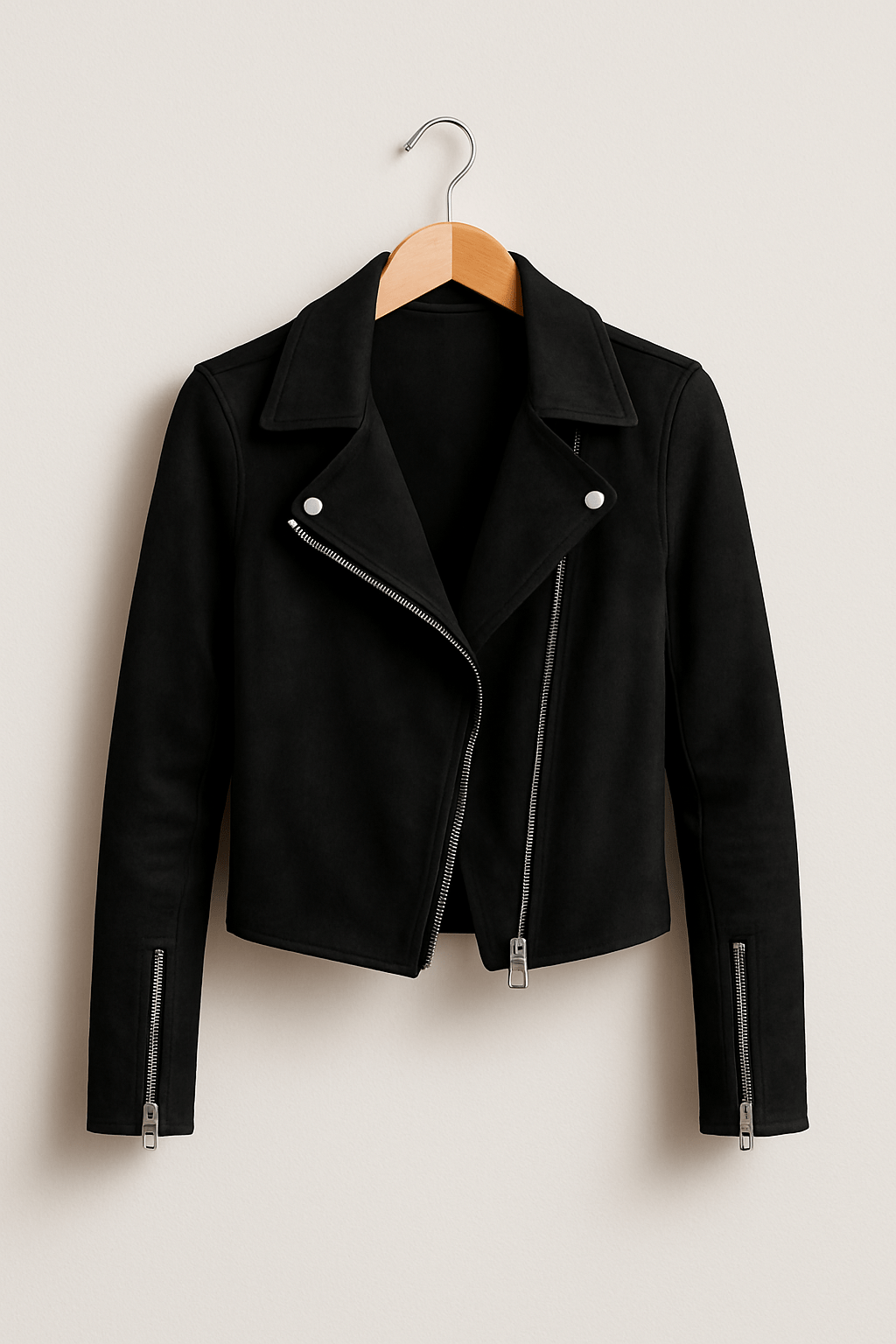 Women's transitional biker jacket. Zip-up design, sleek, modern, edgy style. Ideal for casual wear.