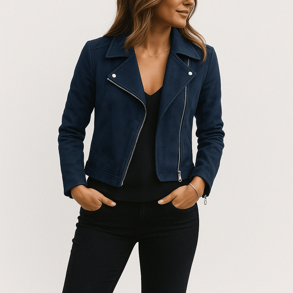 Black women's moto jacket with an edgy zip-up. Stylish layering piece for spring and autumn fashion.