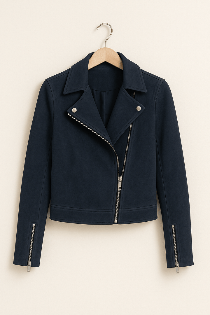 Casual women's biker jacket, zip-up front. Cropped fit for a modern, stylish, edgy outerwear look.