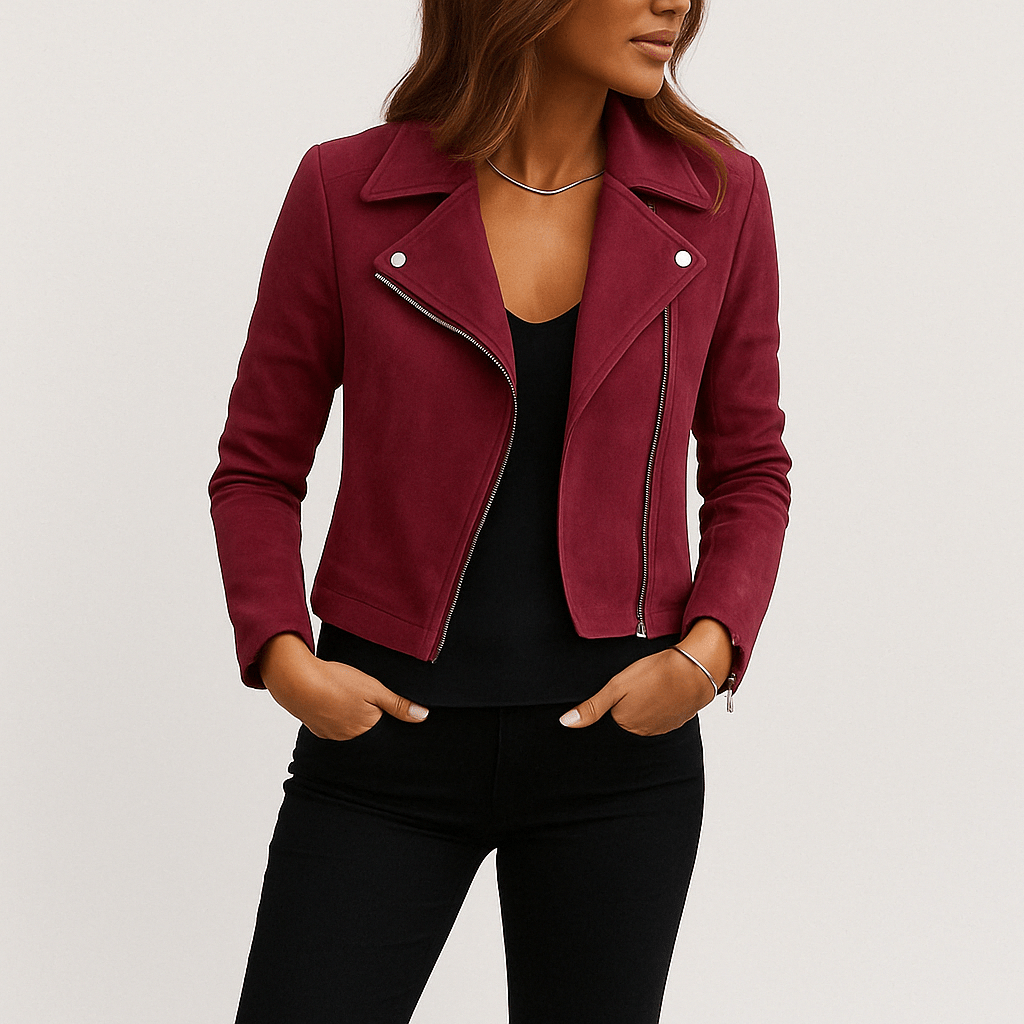 Women's fashion moto jacket. Zip-up, cropped style for an edgy, modern, versatile layering piece.