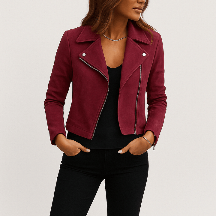 Women's fashion moto jacket. Zip-up, cropped style for an edgy, modern, versatile layering piece.