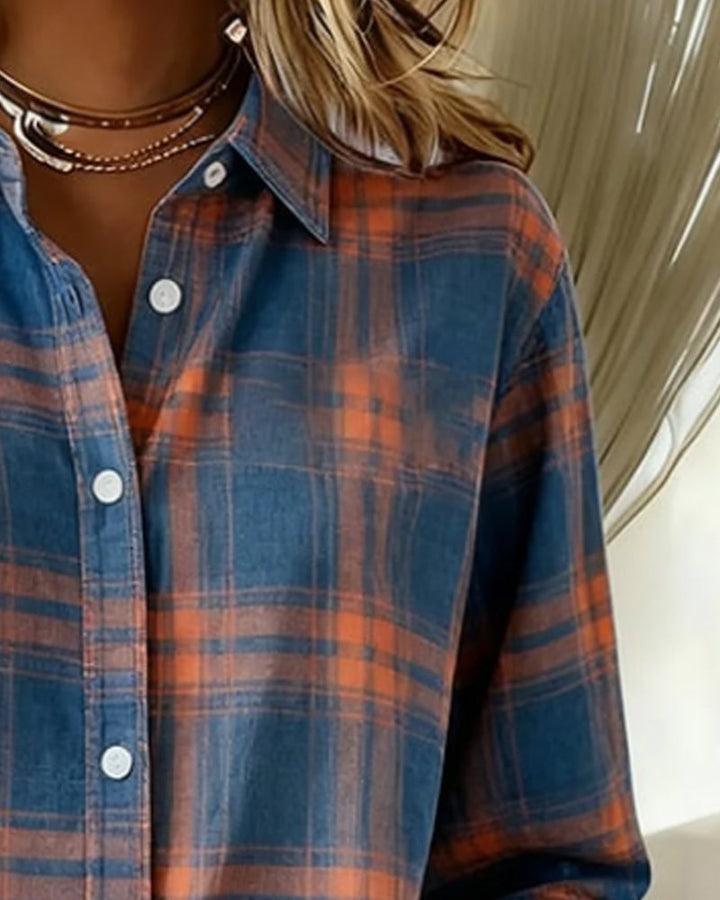Women's stylish checked shirt with notched lapel & long sleeves, perfect for casual spring fashion.