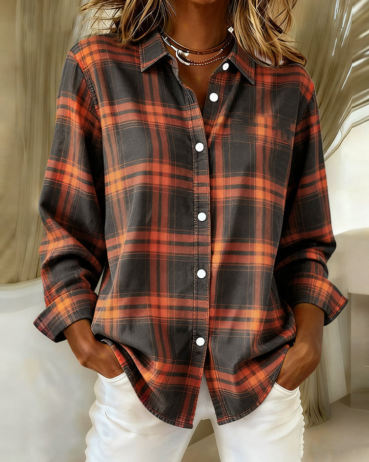 Women's regular fit long sleeve checked shirt, a casual top with fashionable notched lapel.