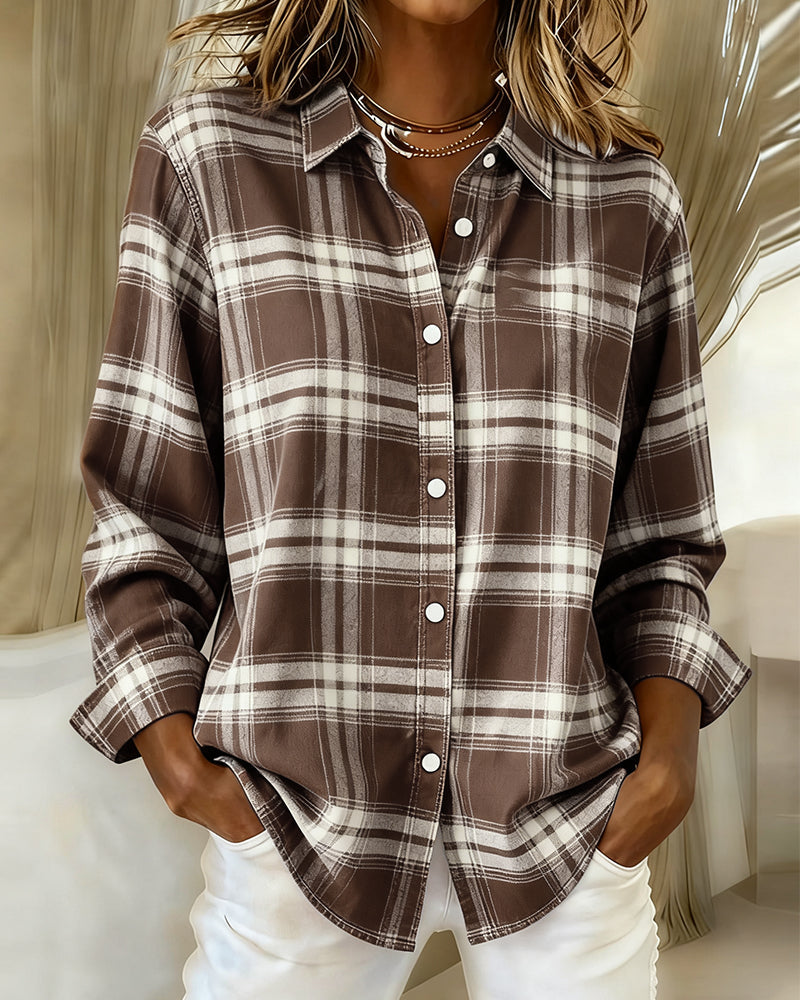 Women's stylish checked top, long sleeve with notched lapel, a comfortable casual blouse for spring.