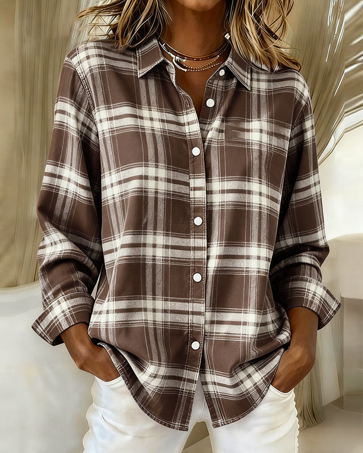 Women's stylish checked top, long sleeve with notched lapel, a comfortable casual blouse for spring.