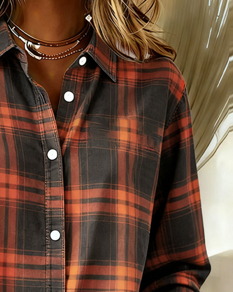 Casual long sleeve checked shirt for women, featuring a stylish notched lapel and regular fit.