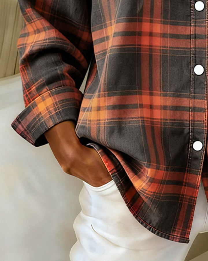 Stylish women's checked top, a casual long sleeve blouse with notched lapel for everyday wear.