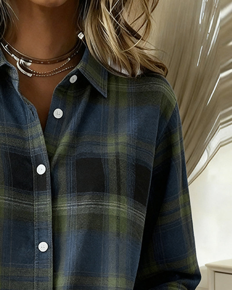 Autumn style women's checked shirt with notched lapel, a comfortable long sleeve casual top.