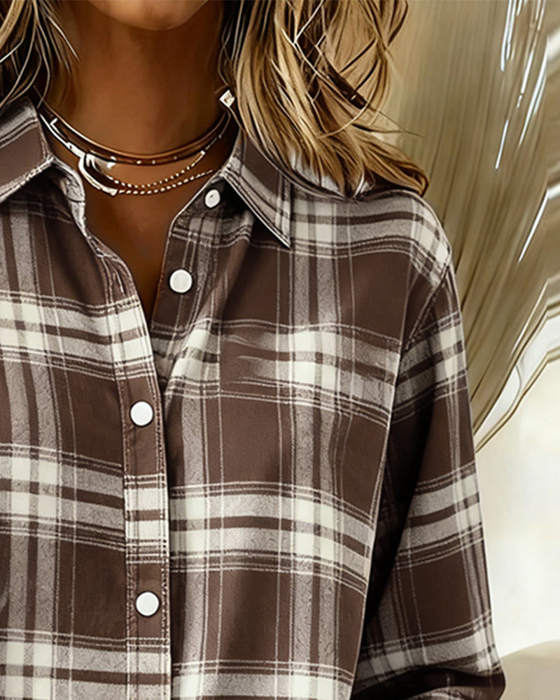 Fashionable women's checked blouse with notched lapel, a versatile long sleeve top for casual outfits.