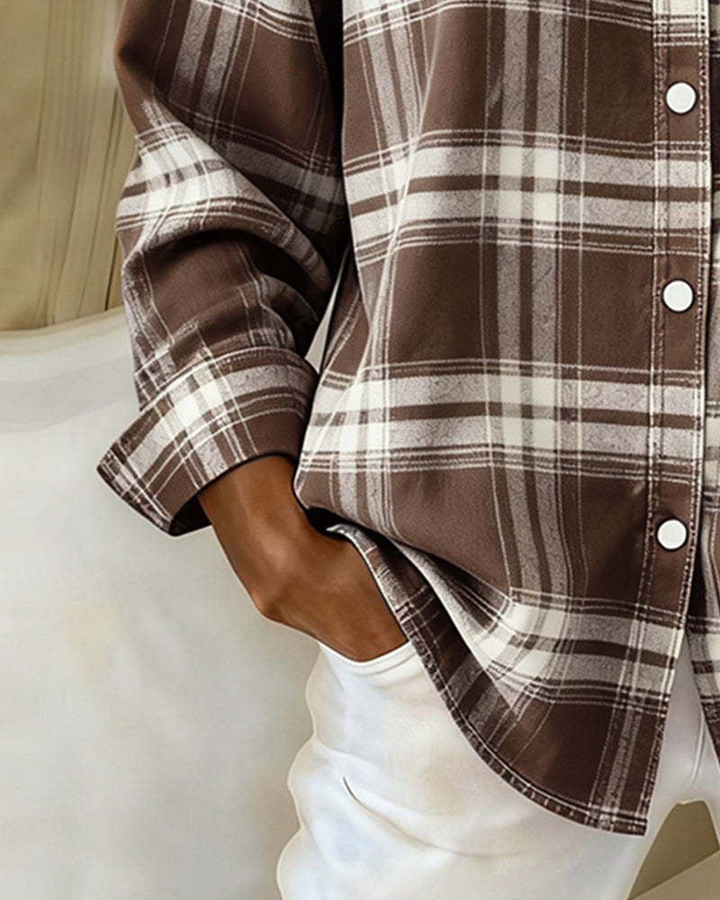 Everyday wear women's checked shirt, long sleeve with a chic notched lapel for autumn.