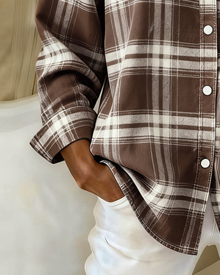 Everyday wear women's checked shirt, long sleeve with a chic notched lapel for autumn.
