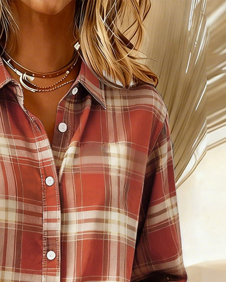 Women's casual long sleeve top, checked pattern with stylish notched lapel & shirt collar detail.