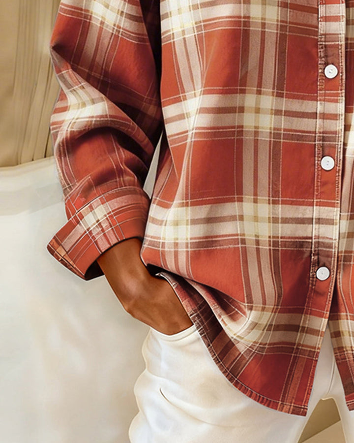 Spring fashion women's checked shirt, a comfortable long sleeve blouse with notched lapel.