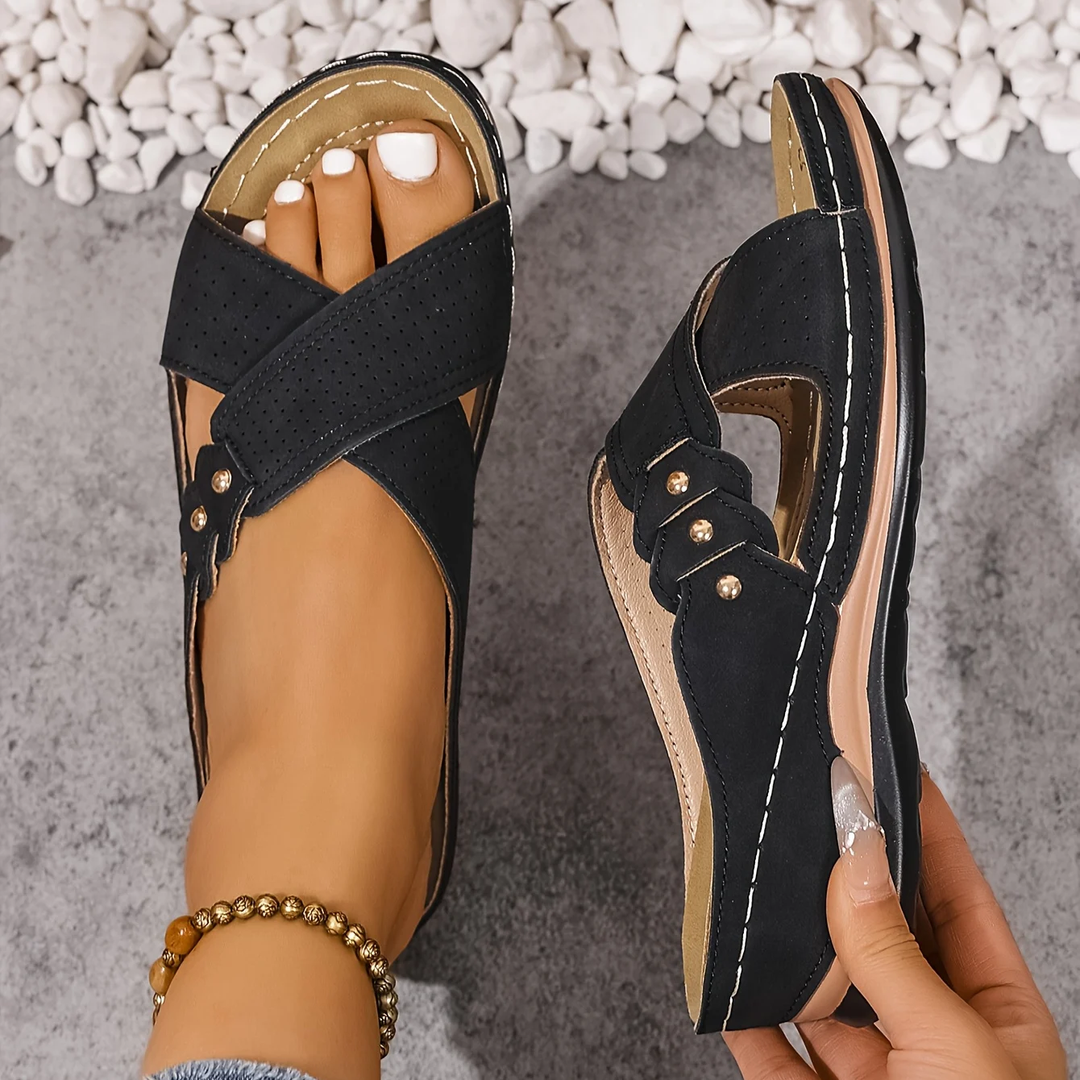 Women's comfortable wedge sandals with orthopaedic arch support, stylish & stable sole.