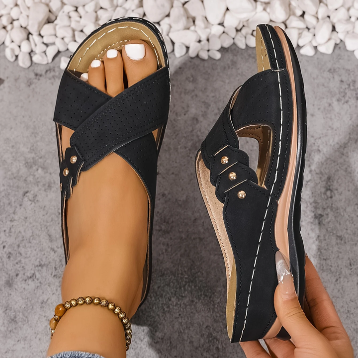Women's comfortable wedge sandals with orthopaedic arch support, stylish & stable sole.