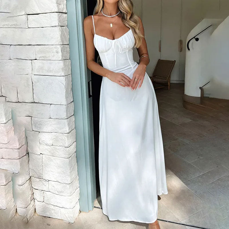 Women's summer sleeveless maxi dress with elegant ruched bodice, perfect for casual wear or holidays.