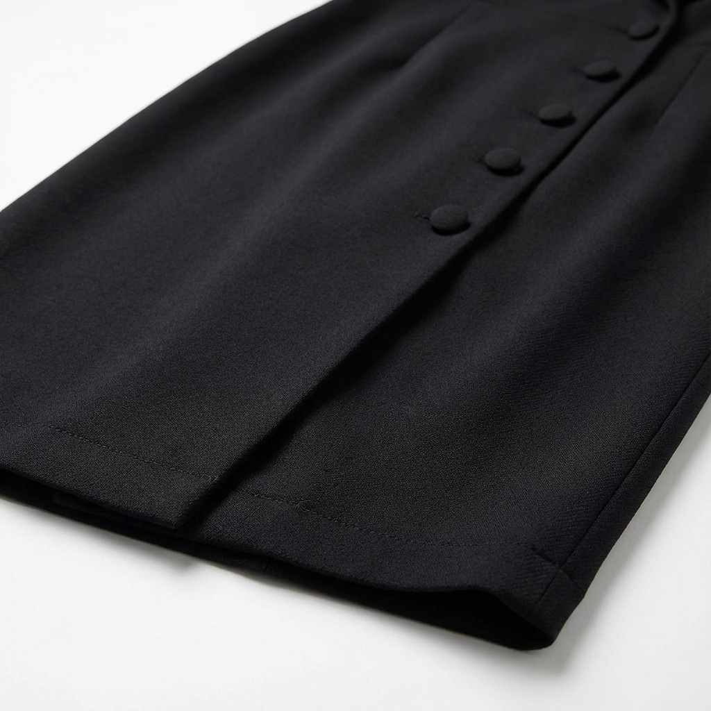 Modern women's midi blazer dress, button front, tailored fit, excellent for formal and office settings.