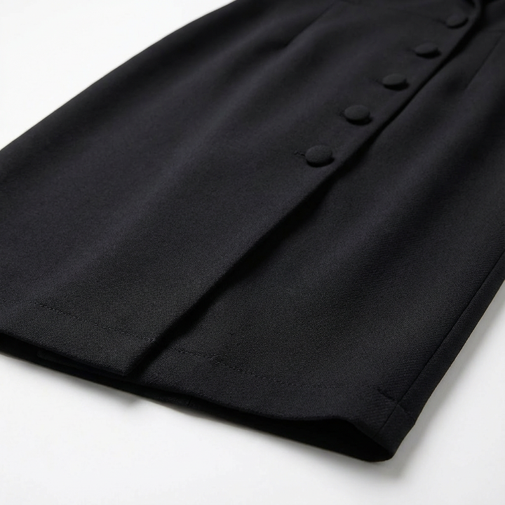 Modern women's midi blazer dress, button front, tailored fit, excellent for formal and office settings.