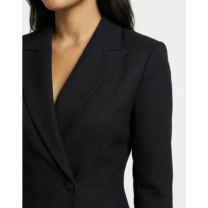 Professional women's tailored blazer midi dress with button front, perfect for sophisticated workwear.