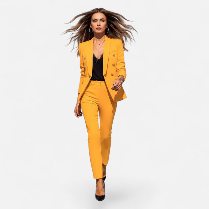 High-quality tailored women's two-piece suit set, offering professional elegance & lasting business style.