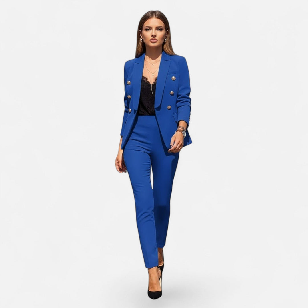 Classic modern tailored women's two-piece suit for professional elegance & business attire.