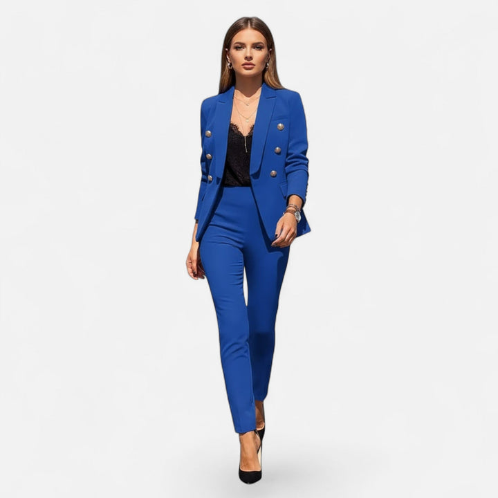 Classic modern tailored women's two-piece suit for professional elegance & business attire.