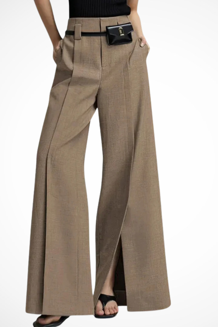 Women's tailored wide leg trousers with chic belt detail, high waist, perfect for modern office wear.